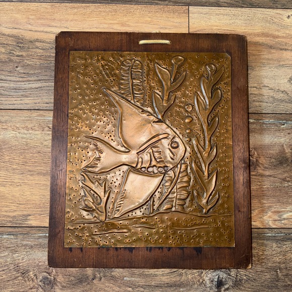 Other - VTG Embossed Copper Angelfish Wall Plaque Wood Framed MCM Coastal Decor